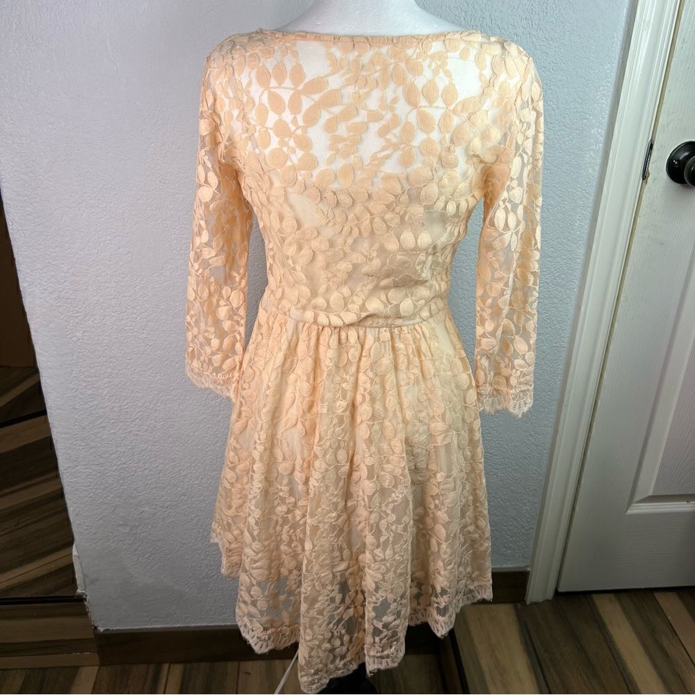 Free People Floral Mesh Lace Peach Lined Long Sleeve High Low Mini Dress Sz S - Picture 3 of 15